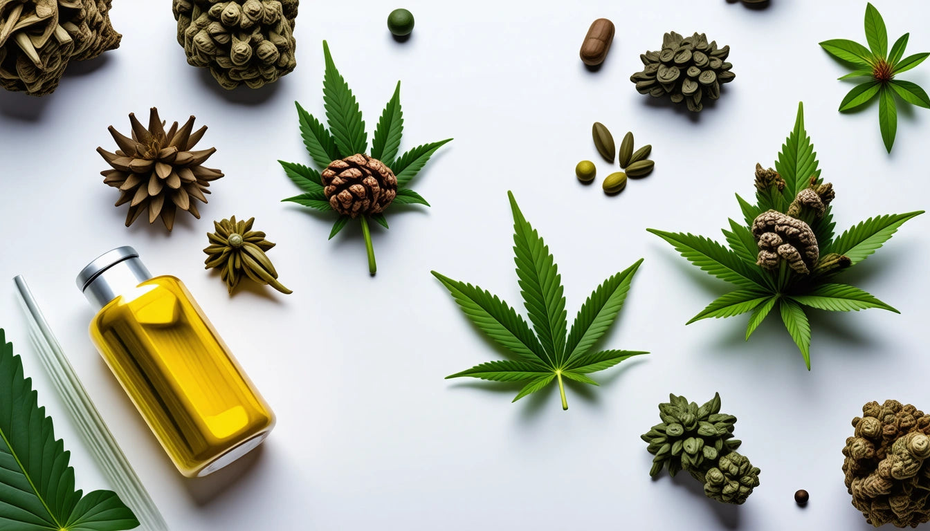 Yellow bottle, cannabis leaves, pine cones, and various seeds scattered on a white surface
