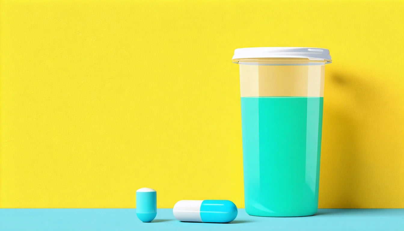 Blue and white capsule, blue tablet, and a clear container with blue liquid against a yellow and blue background