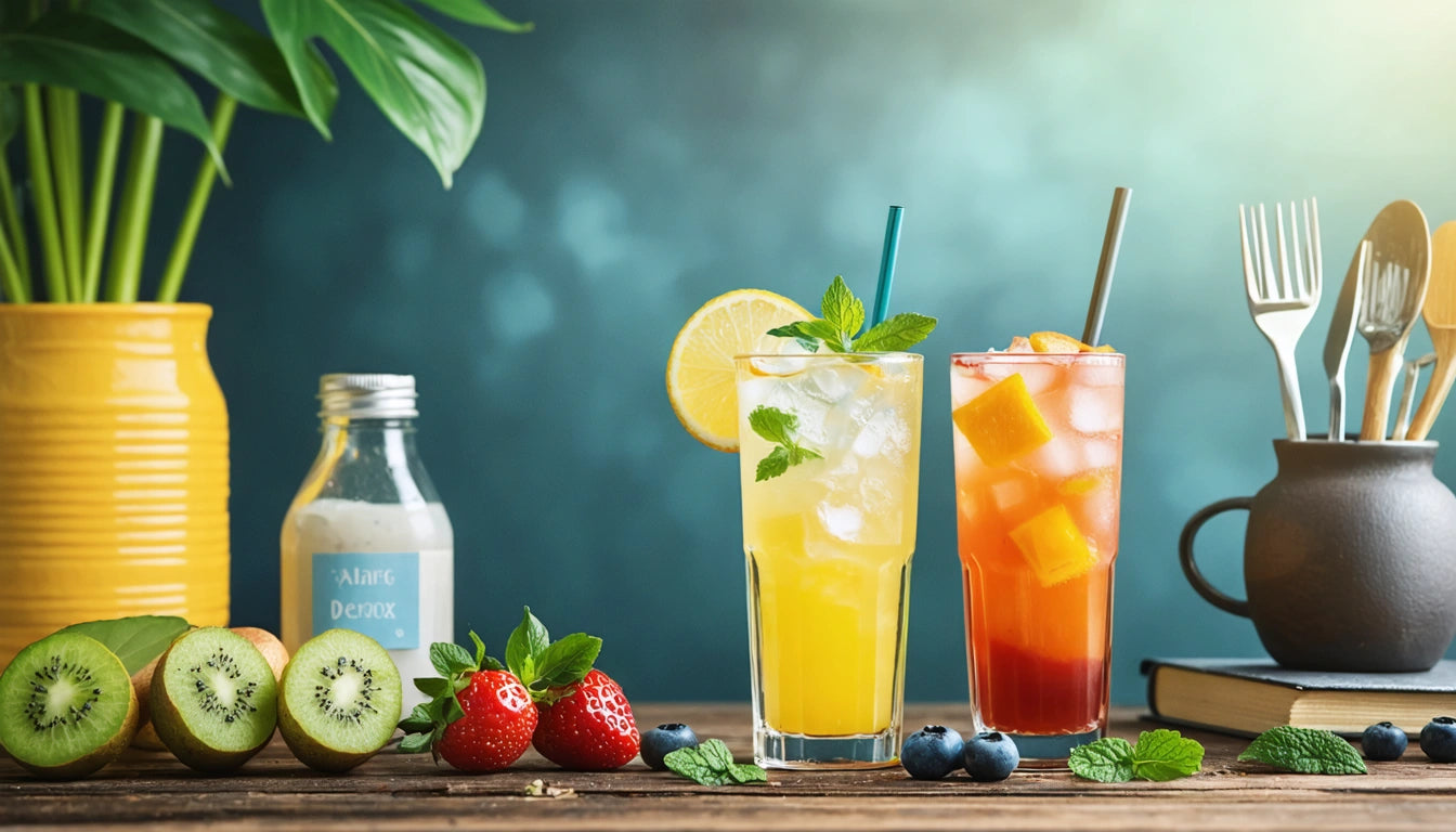 Two glasses of colorful drinks with ice and fruit garnishes, surrounded by fresh fruits and utensils on a wooden table