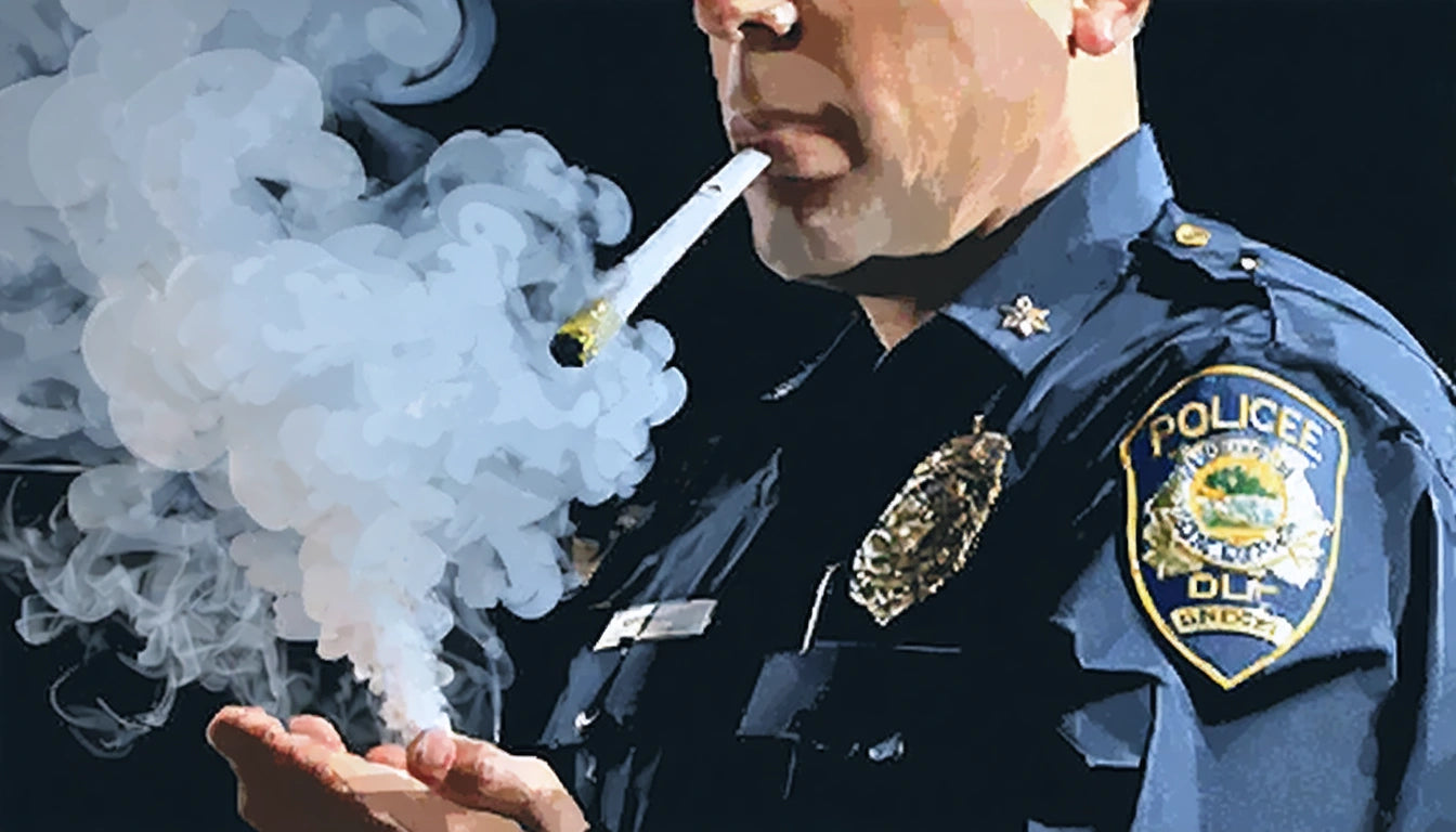 Man in dark uniform holding a smoking cigarette, with smoke swirling around, badge visible on chest