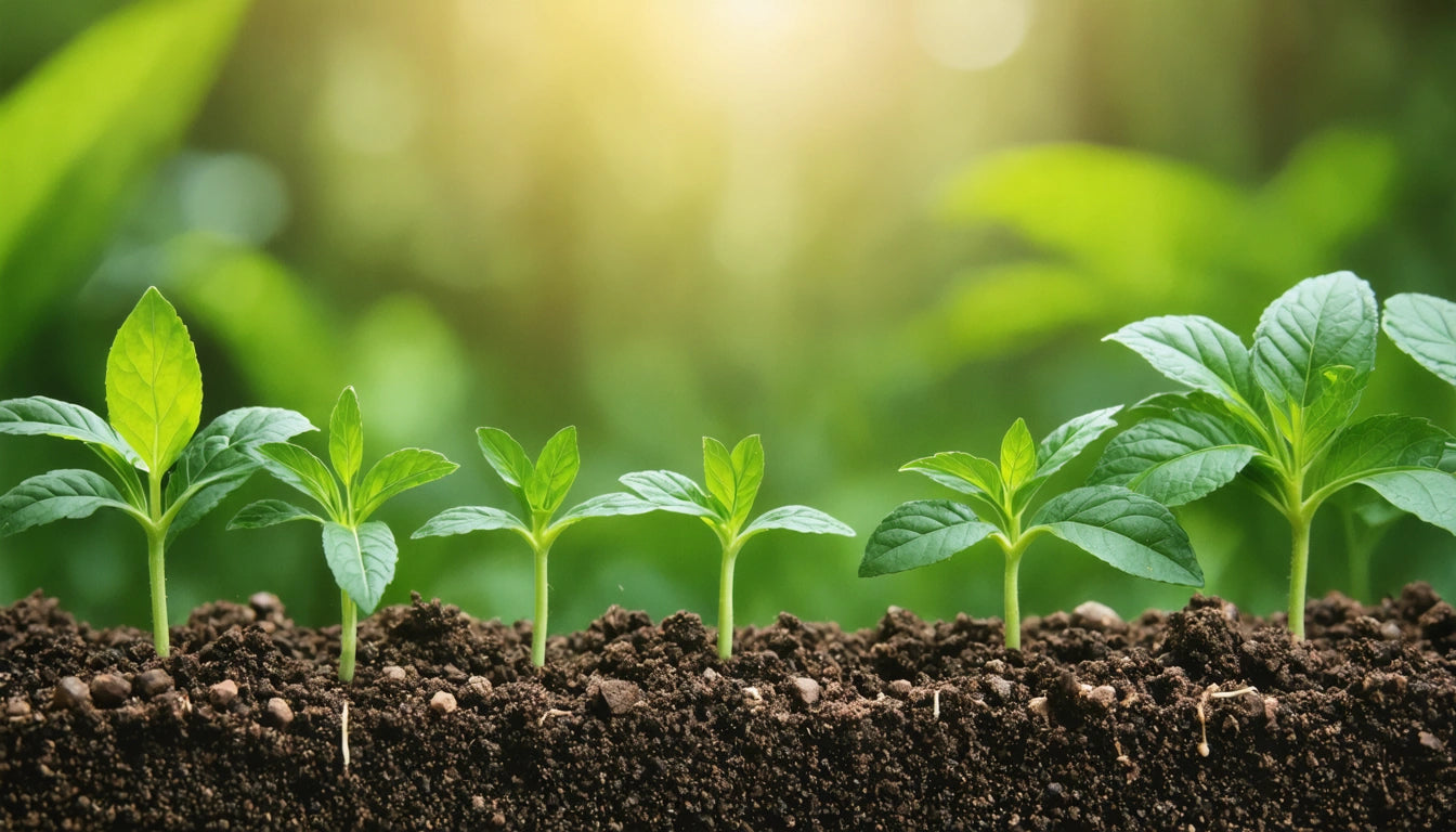 Six small green plants growing in dark soil, with a blurred green background and sunlight streaming from the top left