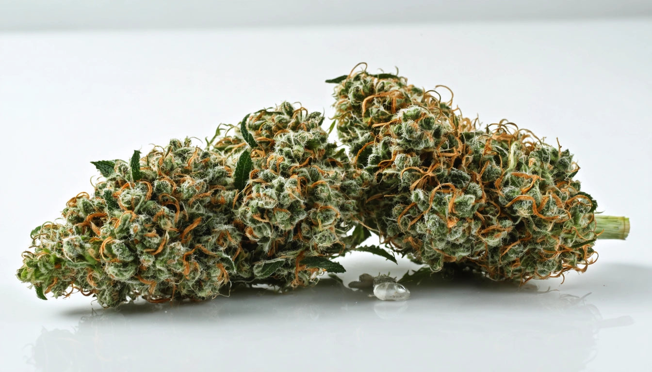 Two dense, green buds with orange hairs and frosty crystals on a white surface