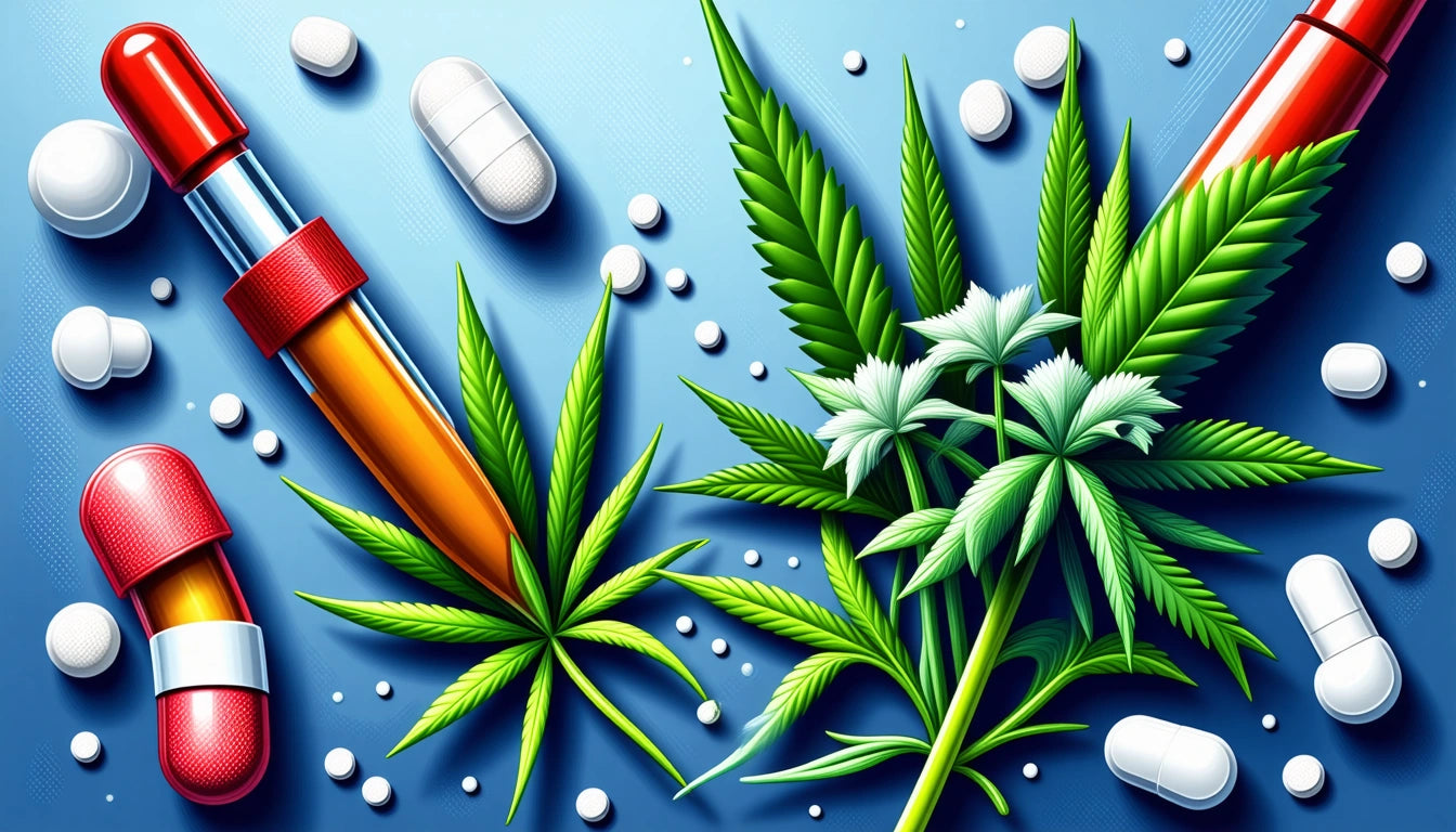 Green cannabis leaves, white pills scattered, red and white capsules, and a test tube with red cap on blue background