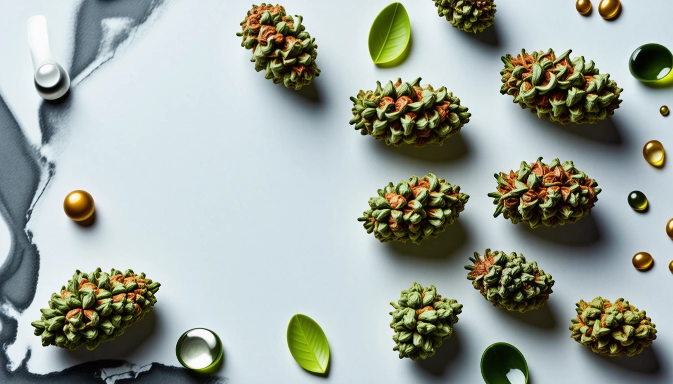 Green pine cones and leaves scattered on a white surface with black and gold paint splashes
