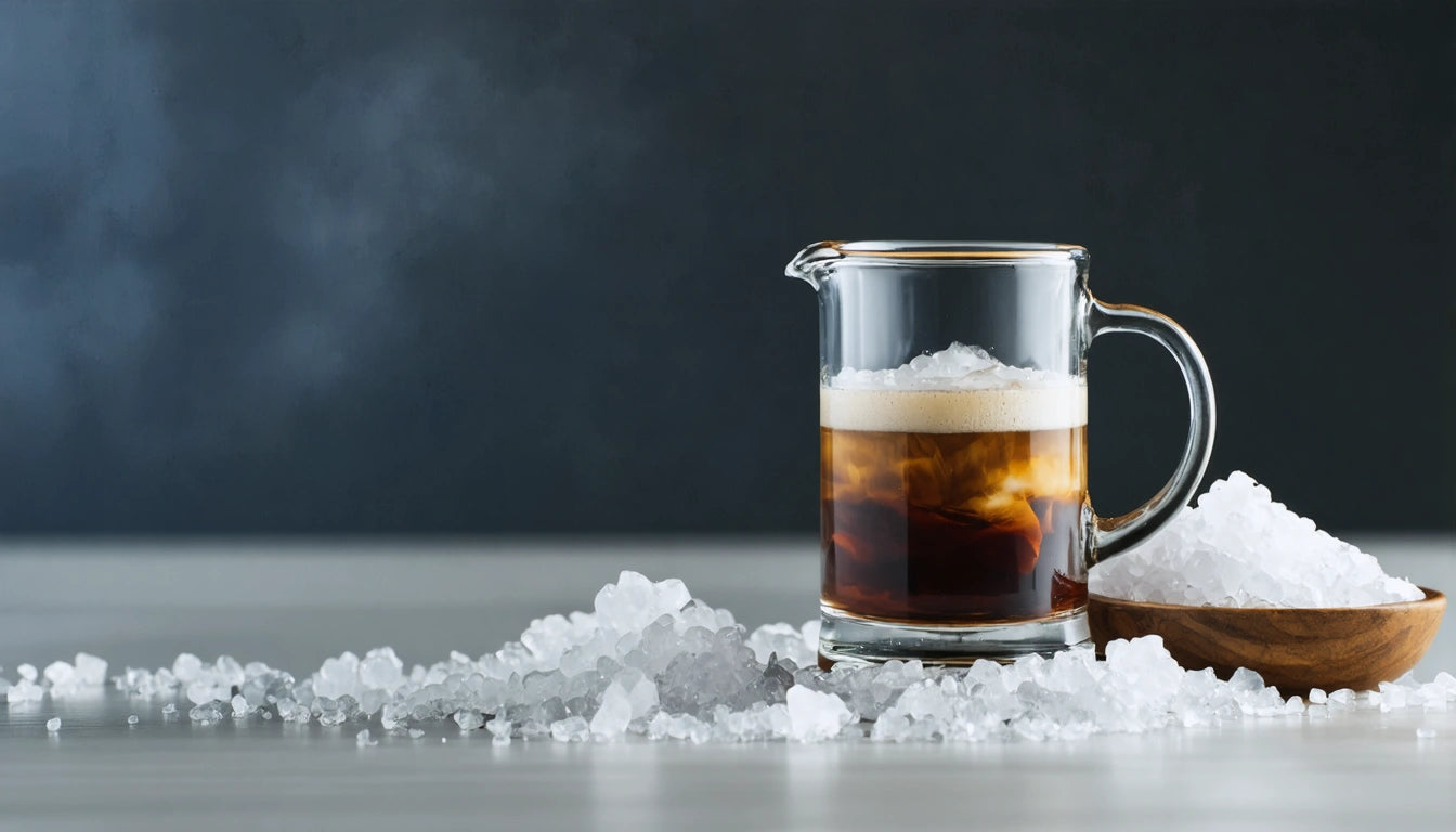 Glass pitcher with layered coffee and foam, surrounded by ice, on a white surface against a dark background