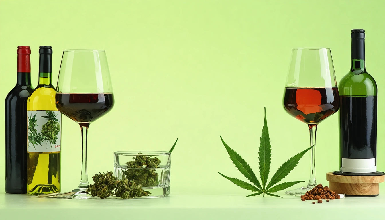 Red and white wine bottles, glasses with red liquid, cannabis buds, and a leaf on a light green background