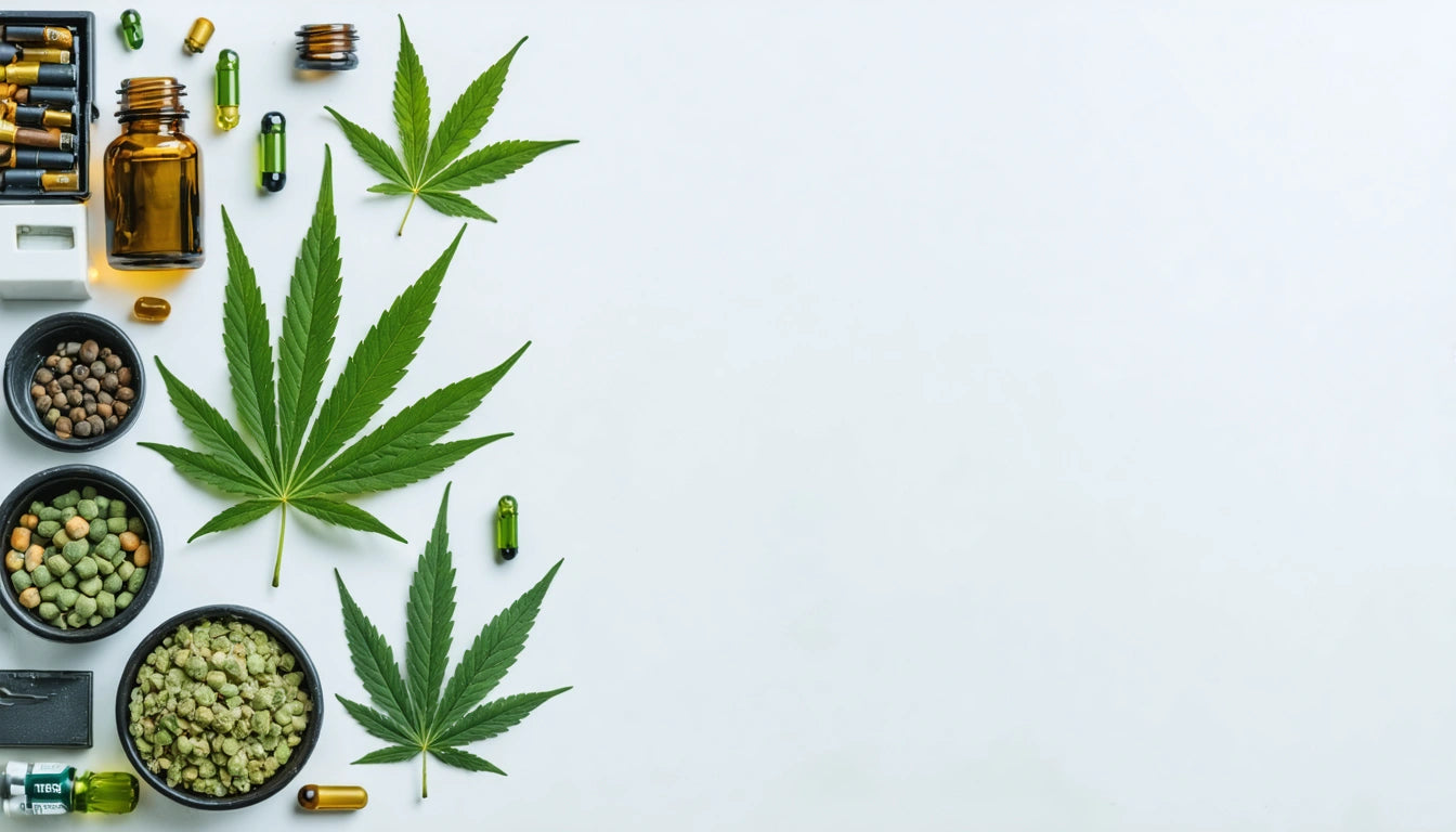 Glass jars, capsules, and hemp leaves arranged on a white background