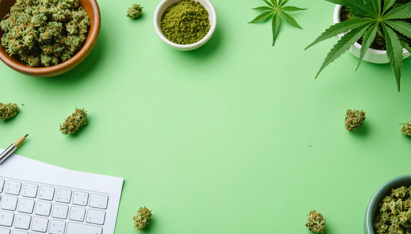 Keyboard, pencil, cannabis buds, leaves, and bowls on a green surface