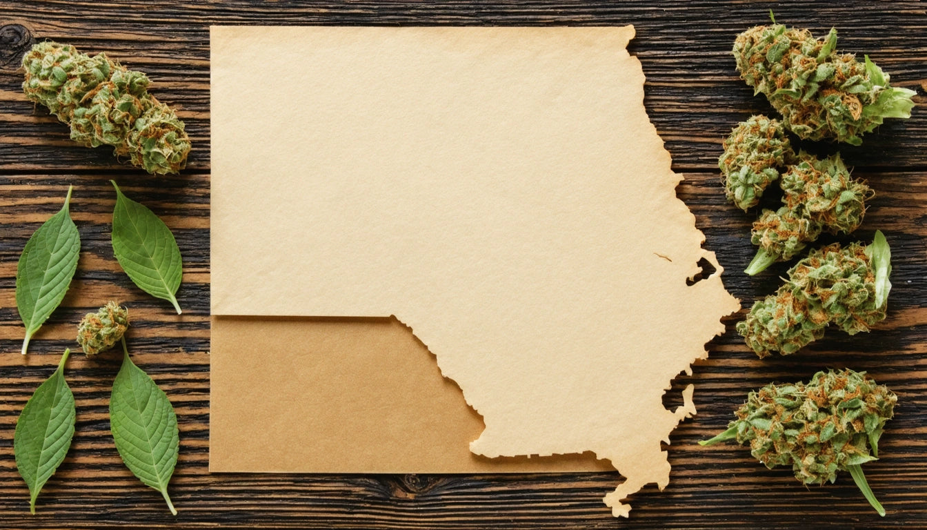Brown paper cut in a state shape on wooden surface, surrounded by green leaves and clusters of green buds