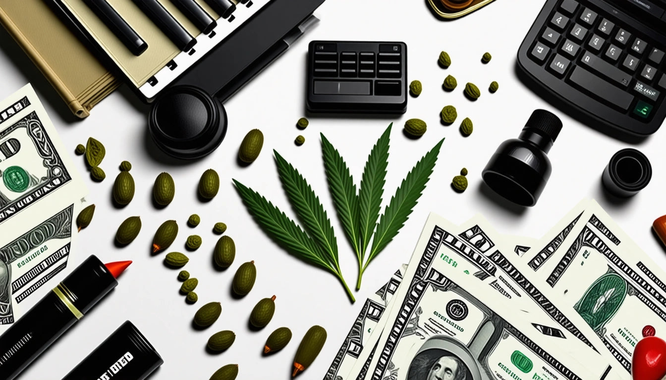 Keyboard, calculator, and headphones surrounded by dollar bills, cannabis leaves, and scattered seeds on a white surface