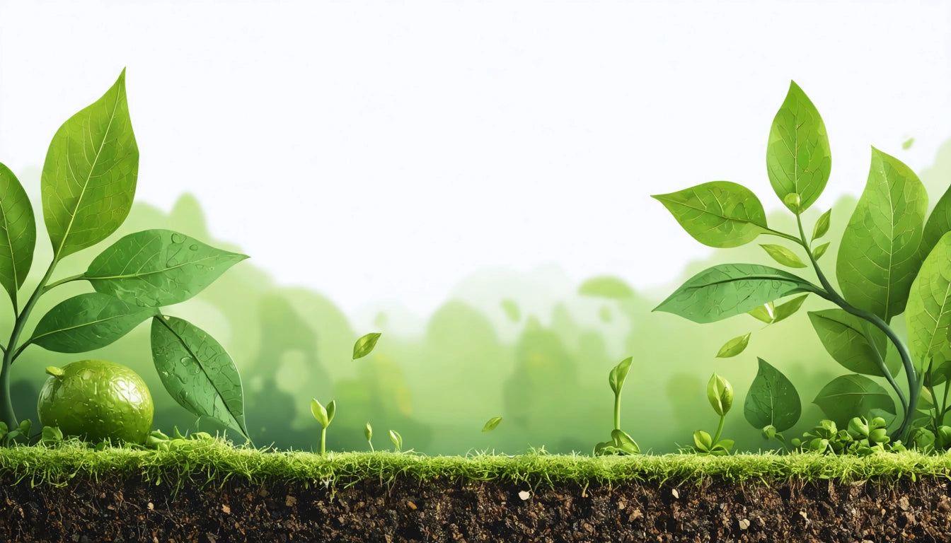 Green leaves and sprouts emerging from soil, with a lime on the left, against a light green blurred background