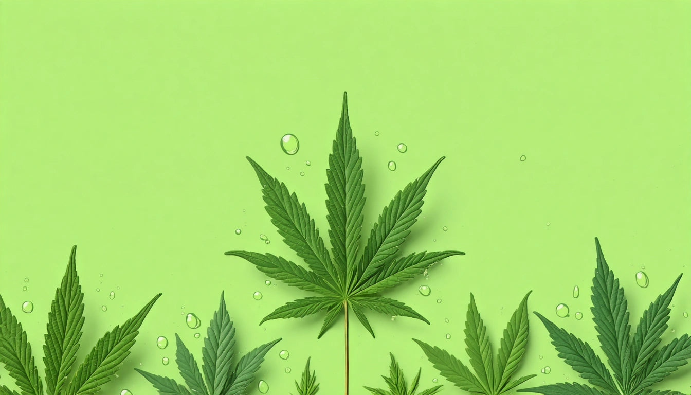 Green leaves with serrated edges and water droplets against a light green background