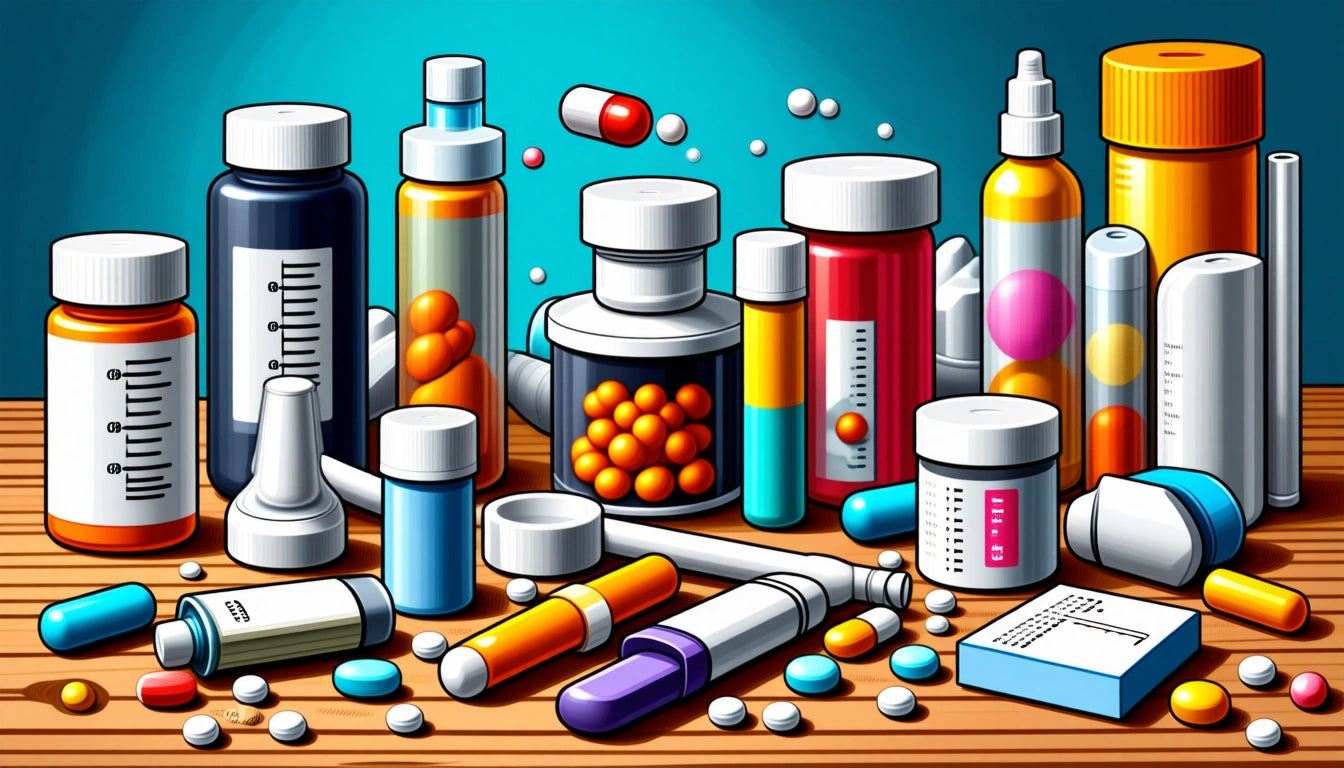 Various colorful medicine bottles, pills, and syringes on a wooden surface against a blue background