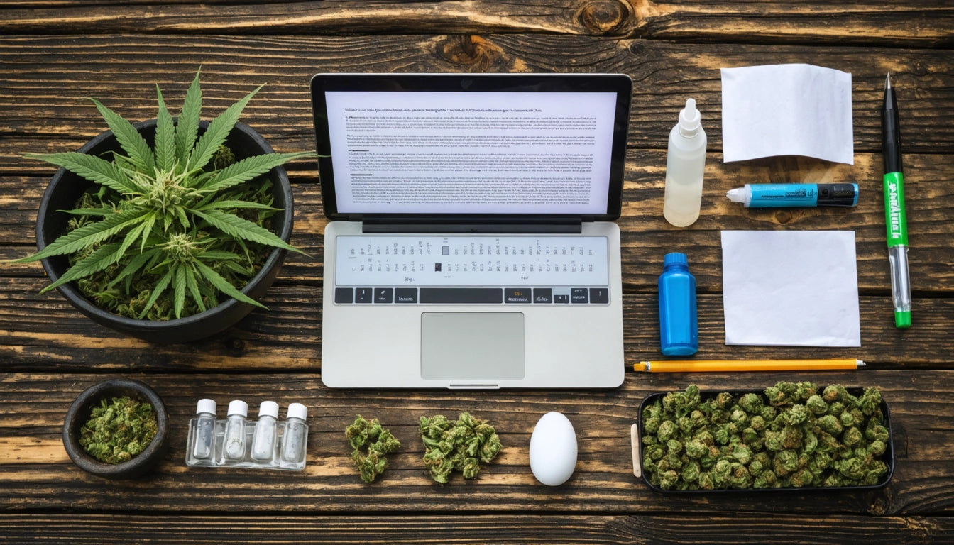 Laptop on wooden table surrounded by potted plant, small jars, cannabis buds, markers, paper, and bottles