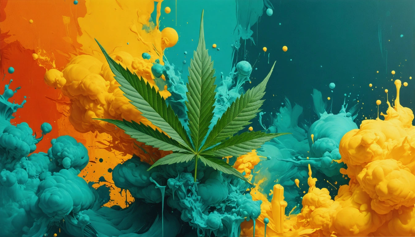 Green leaf centered against a vibrant background of swirling blue, yellow, and orange paint splashes