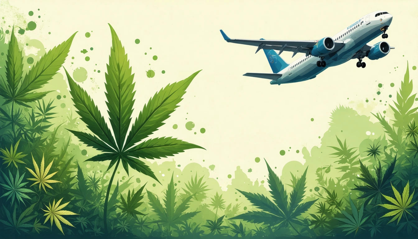 Airplane flying above large green cannabis leaves with a light green background