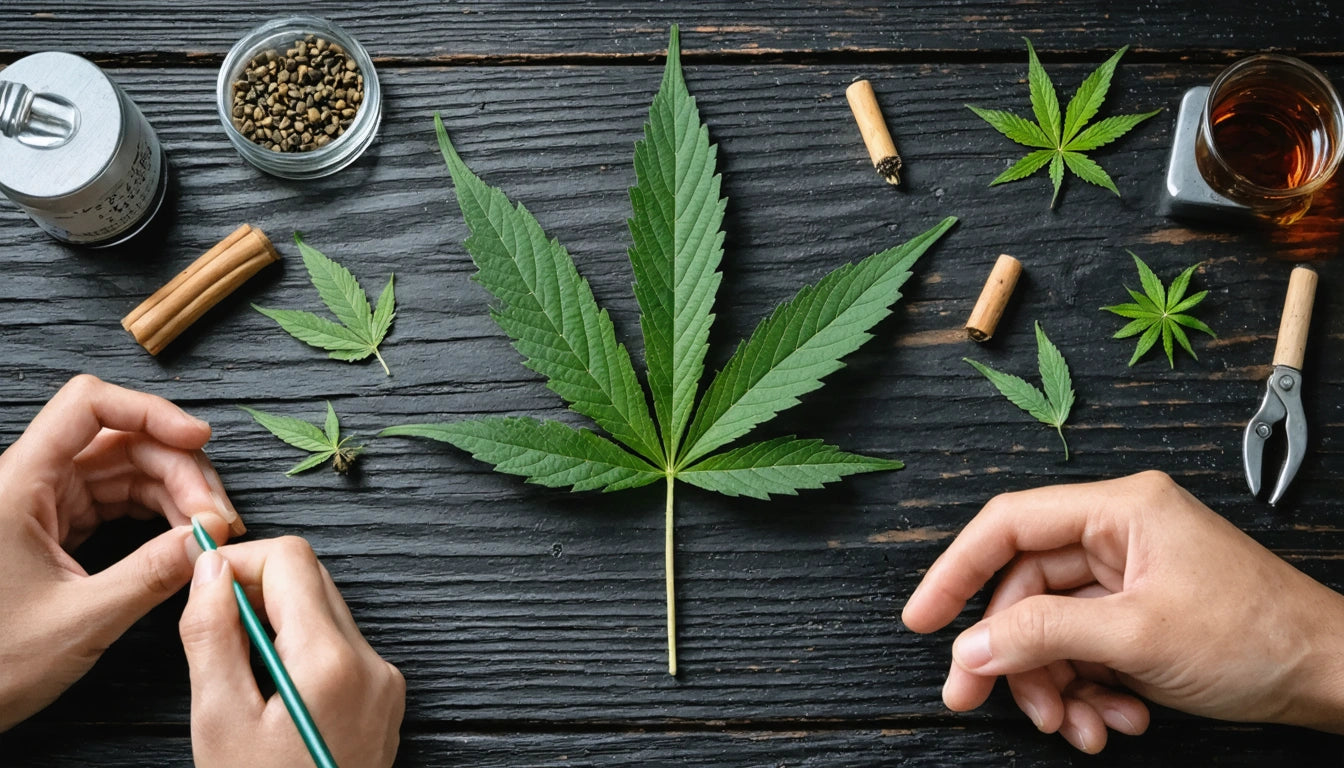 Hands crafting with large green leaf, small leaves, seeds, cinnamon sticks, and tools on dark wooden surface