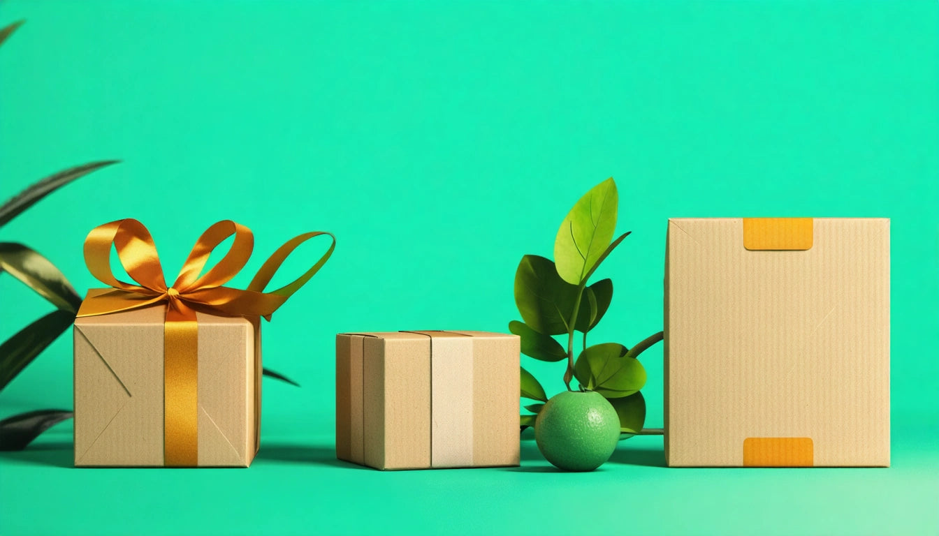 Three gift boxes with ribbons, a small plant, and a green sphere on a bright green background
