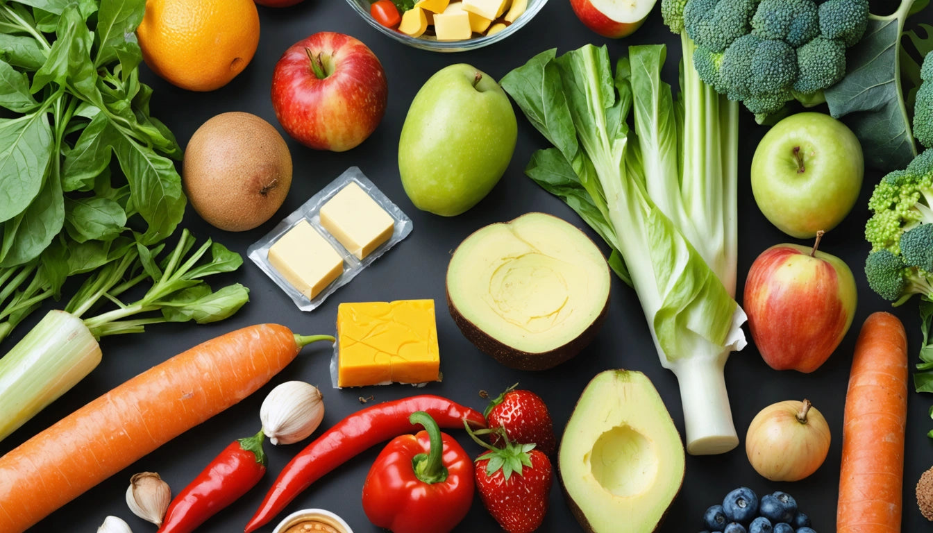 Assorted fruits and vegetables on black surface, including apples, avocado, carrots, broccoli, peppers, and butter cubes
