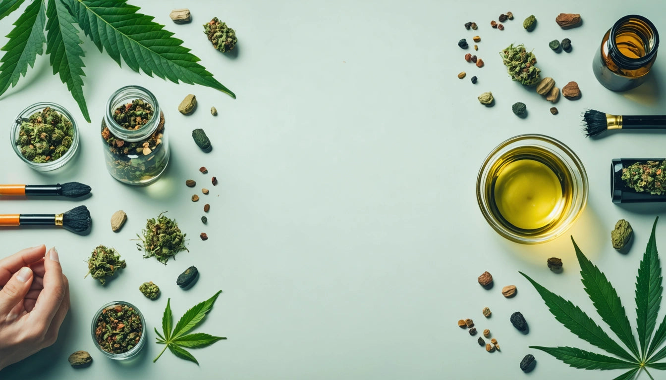 Cannabis leaves, seeds, and oil on a light background with scattered stones and brushes, hands arranging items on the left