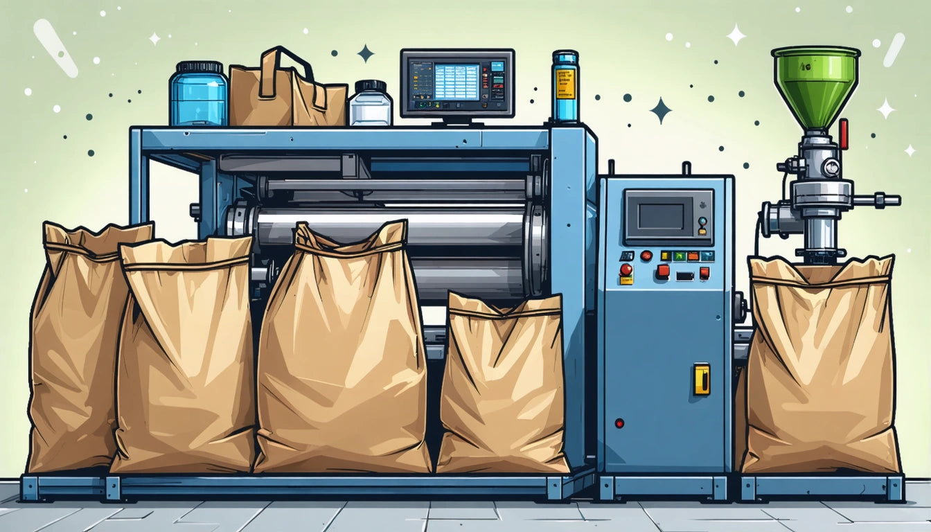 Large blue industrial machine with control panel, brown paper bags filled below, and containers on top, set on tiled floor