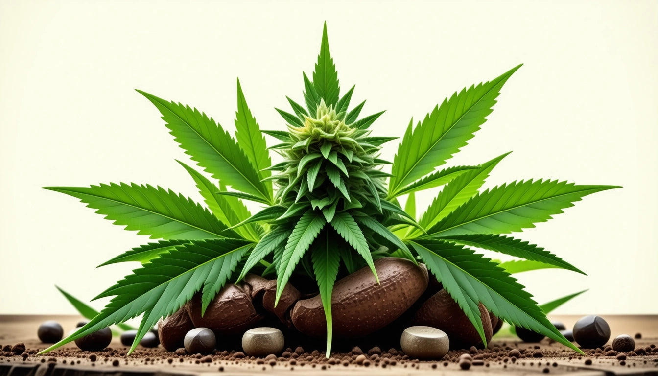 Green plant with pointed leaves and a central bud, surrounded by brown and black stones on a wooden surface