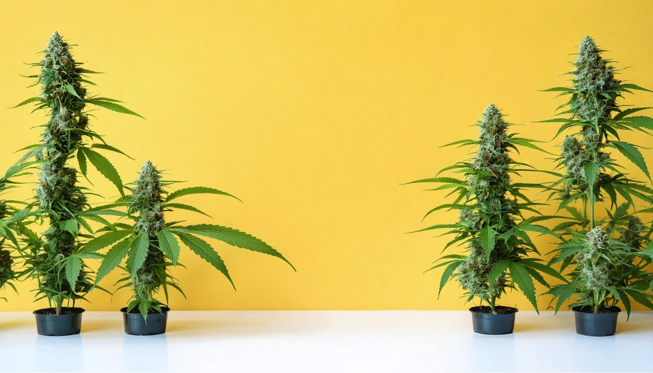 Four potted plants with dense green leaves and buds against a bright yellow background on a white surface