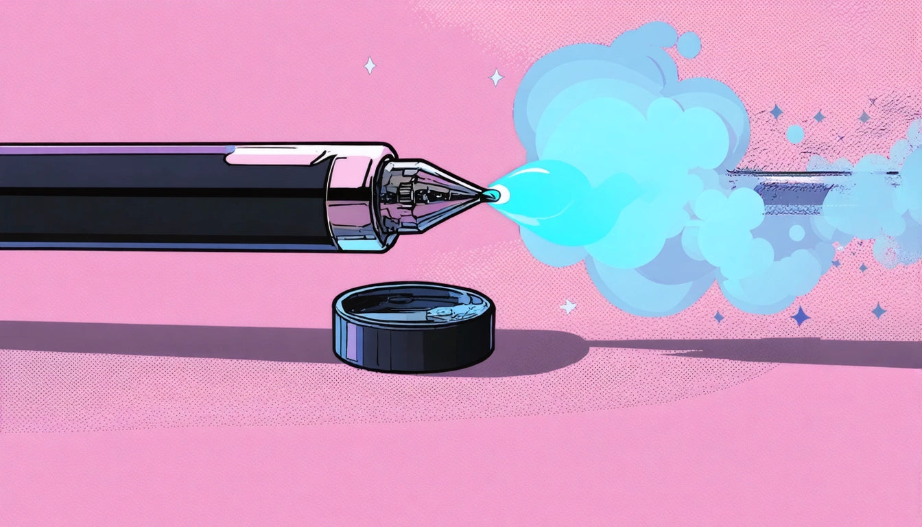 Fountain pen spraying blue ink cloud, cap on pink surface, with small sparkles around