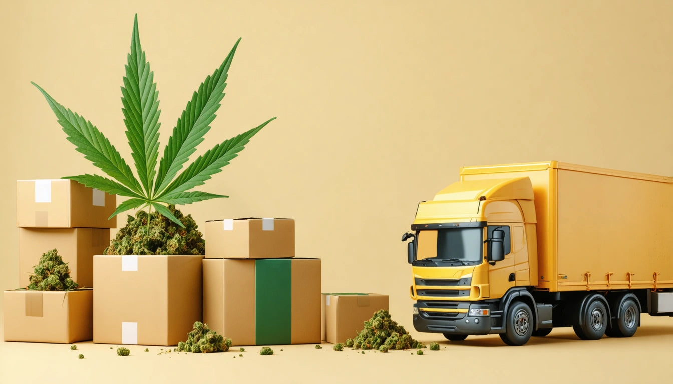 Yellow delivery truck beside stacked cardboard boxes and green leaves on a beige background