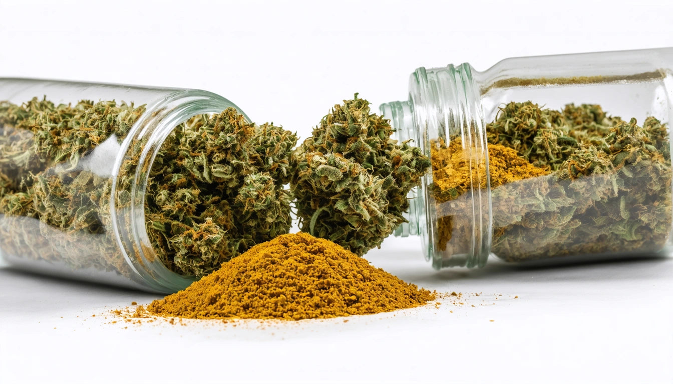 Two glass jars tipped over, spilling dried green herbs and a pile of yellow powder onto a white surface