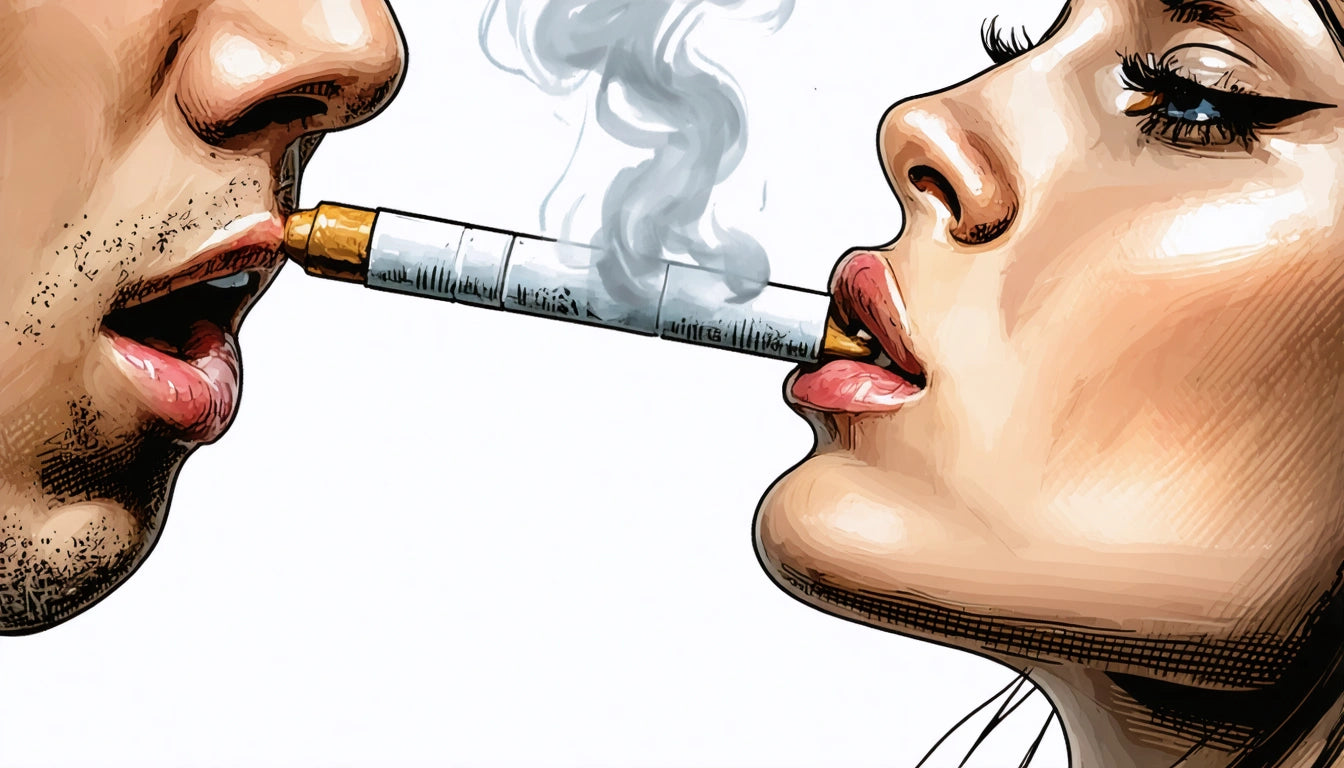 Two faces close together, each holding one end of a smoking cigarette between their lips against a white background