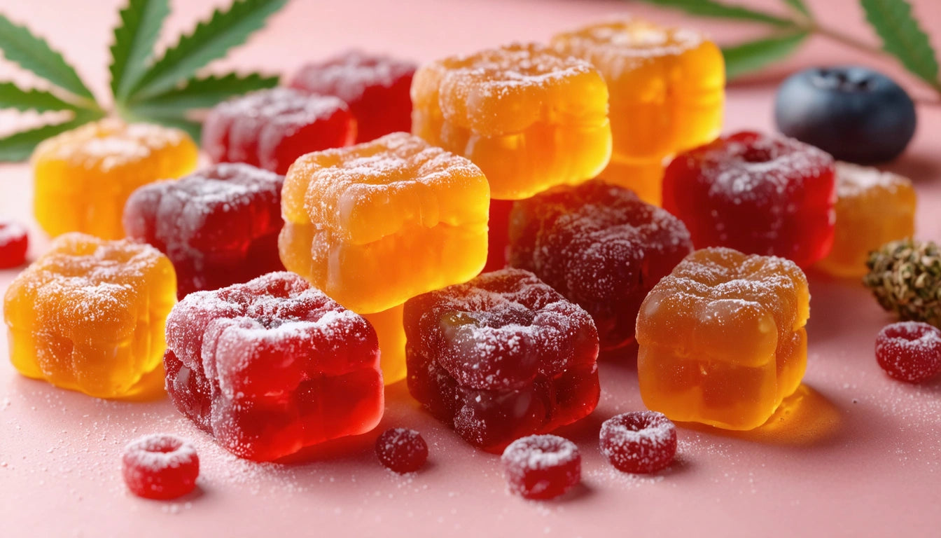 Red and yellow gummy cubes dusted with sugar, scattered on a pink surface with a green leaf and a blueberry nearby