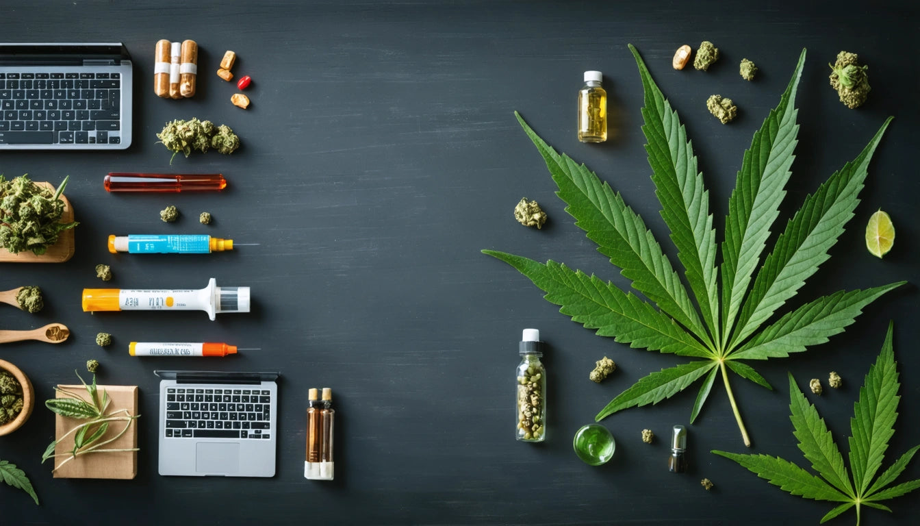 Laptops, pills, syringes, and cannabis leaves on a dark surface, with small bottles and scattered cannabis buds