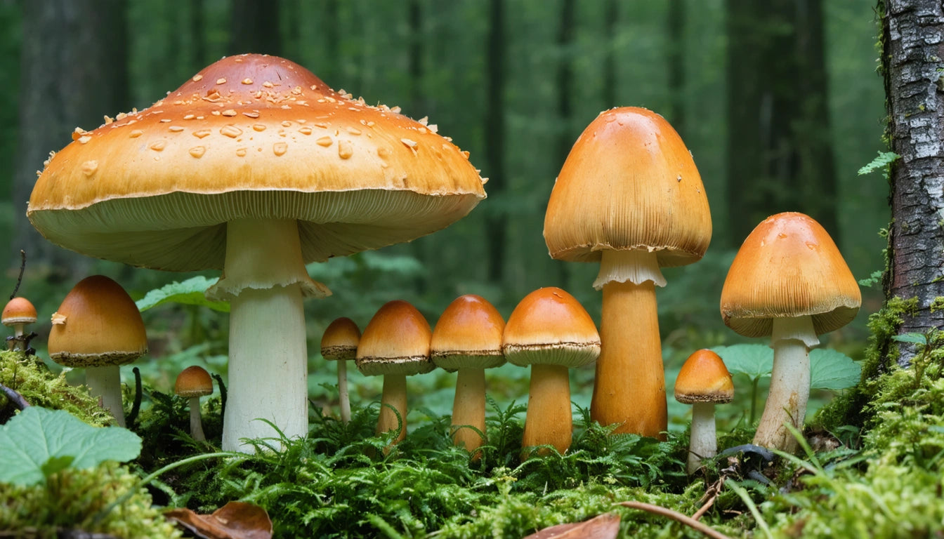 Orange mushrooms with white stems in a forest, surrounded by green moss and blurred trees in the background