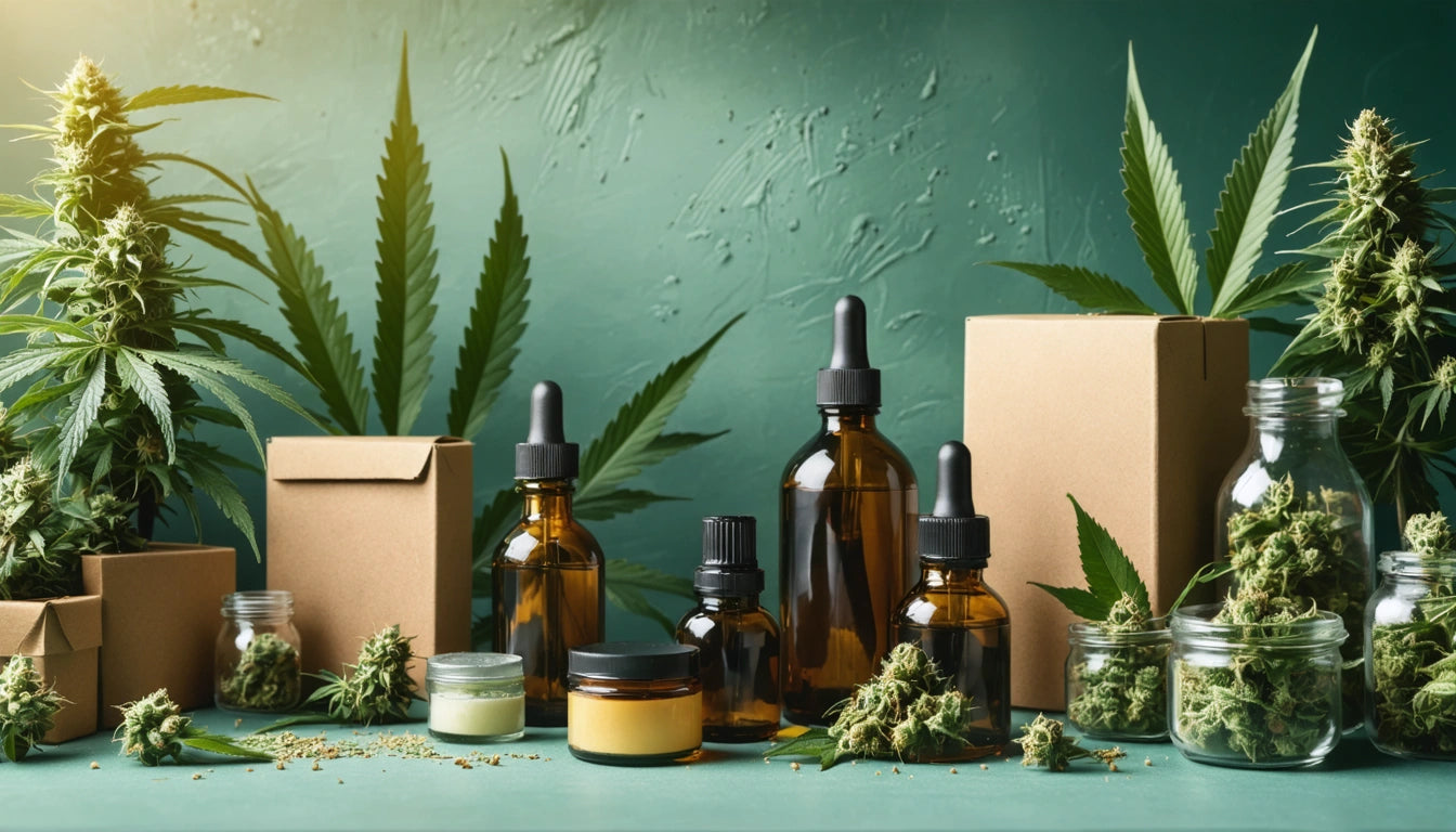 Brown glass bottles, jars, and cardboard boxes surrounded by green cannabis leaves and buds on a green textured surface