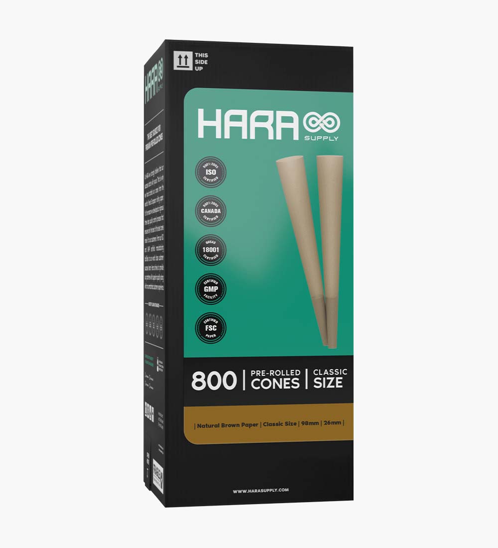 Hara Supply | Classic Size Unbleached Pre-Rolled Cones w/ Filter Tip | 98mm - Brown Paper - 800 Count