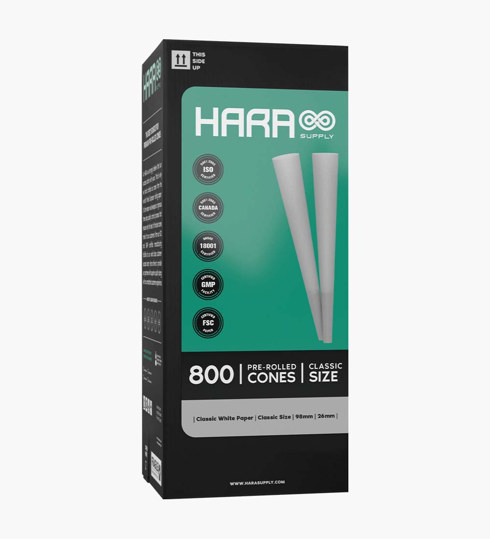 Hara Supply | Classic Size Bleached Pre-Rolled Cones w/ Filter Tip | 98mm - Bleached Paper - 800 Count
