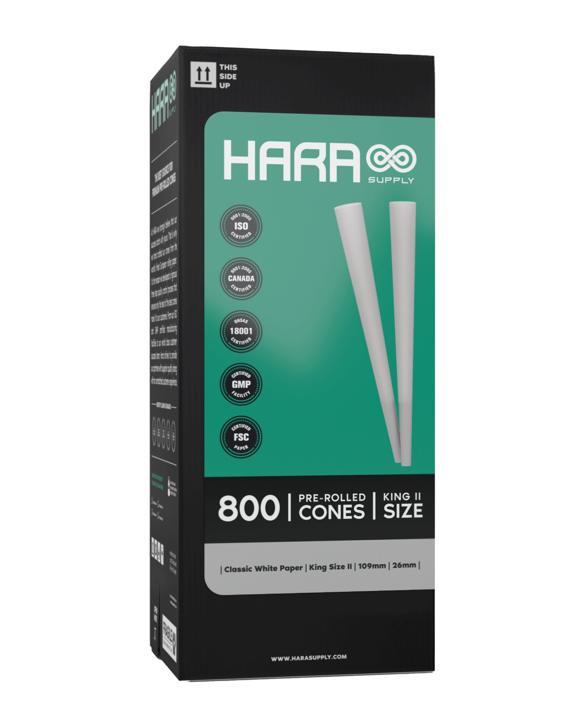 Hara Supply | King Size Pre-Rolled Cones w/ Filter Tip | 109mm - Bleached Paper - 800 Count