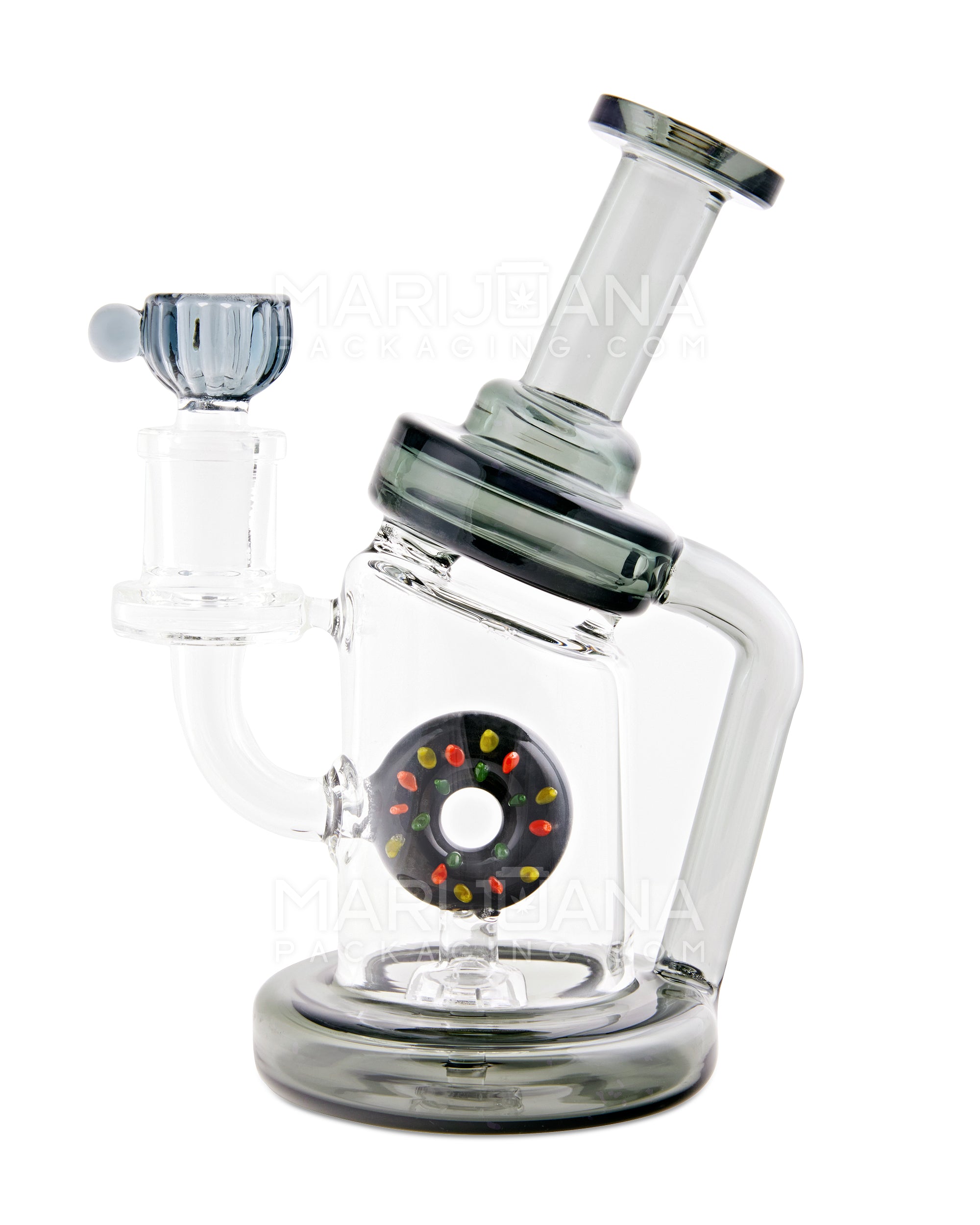 USA Glass | Bent Neck Laidback Recycler Water Pipe w/ Donut Showerhead Percolator | 7in Tall - 14mm Bowl - Smoke