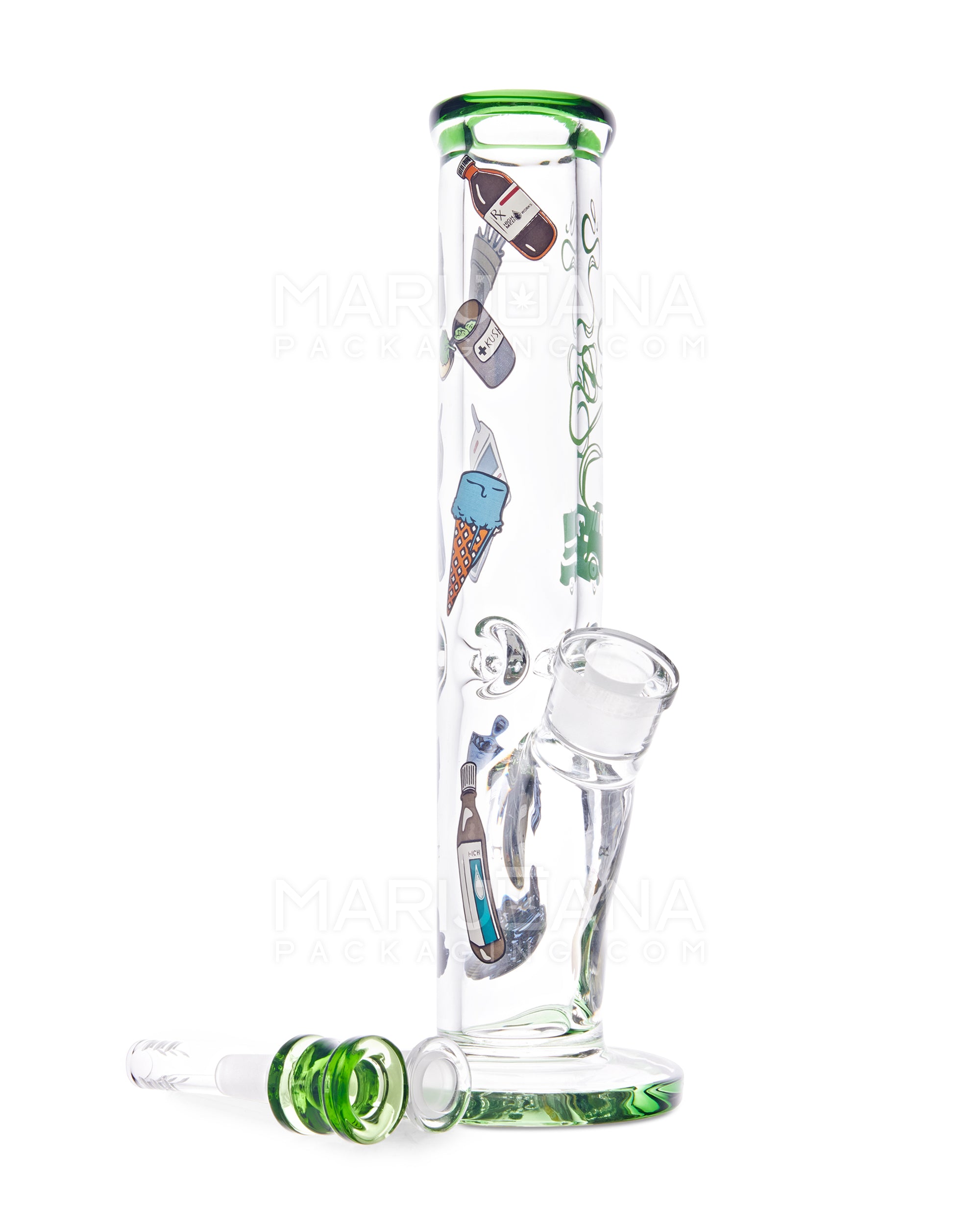 USA Glass | Straight Heavy Glass Water Pipe w/ Decals | 12in Tall - 18mm Bowl - Green