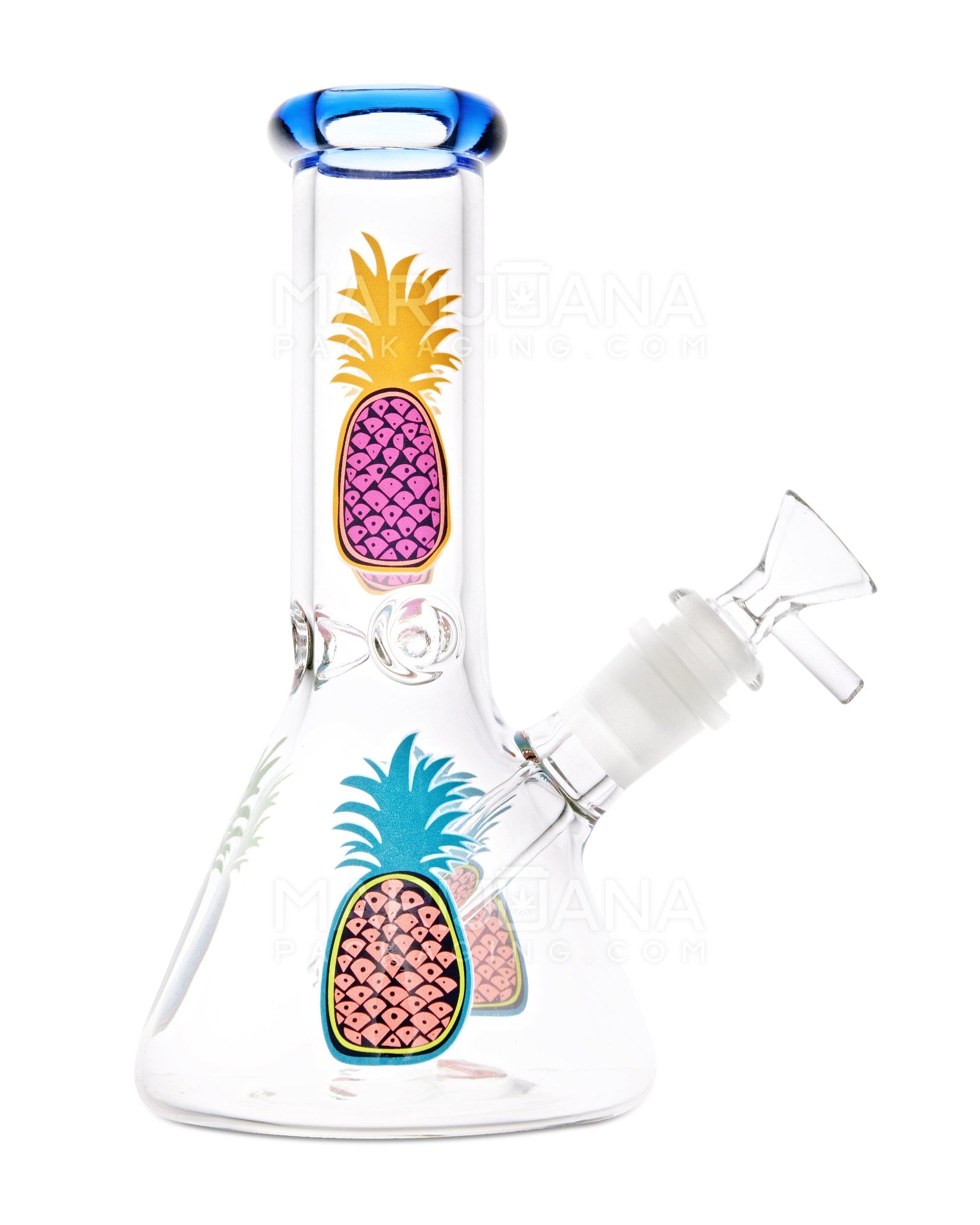 USA Glass | Straight Neck Beaker Glass Water Pipe w/ Pineapple Decals | 8in Tall - 14mm Bowl - Assorted