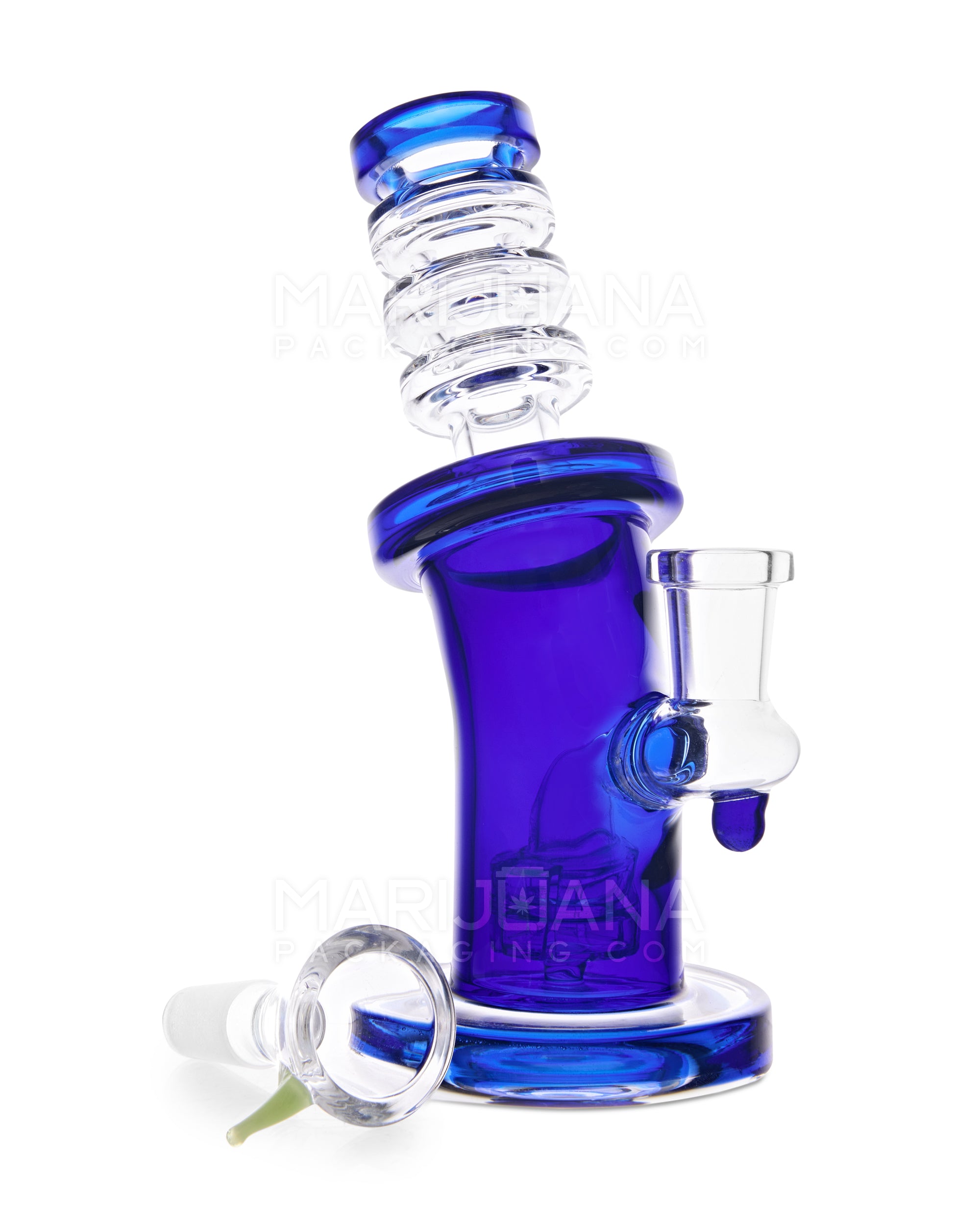 Bent Neck Ringed Triple Glass Water Pipe w/ Thick Base | 6.5in Tall - 14mm Bowl - Blue - 3