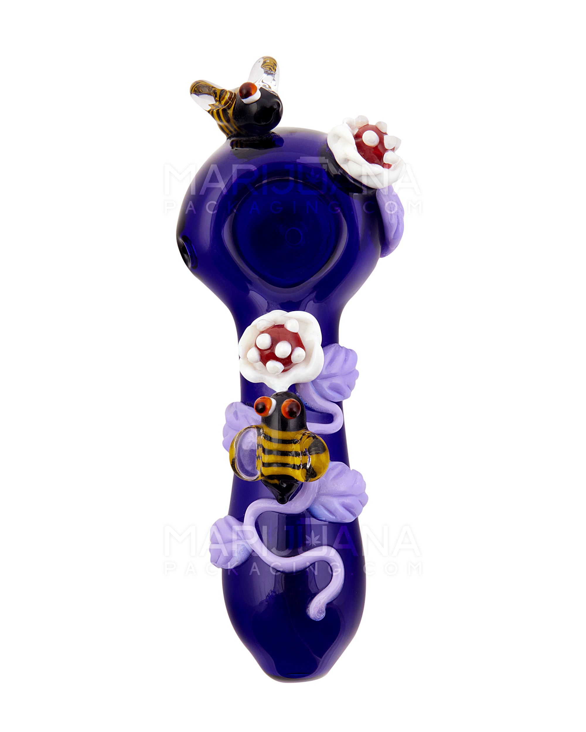 Leaf And Bee Spoon Hand Pipe | 5in Long - Glass - Blue