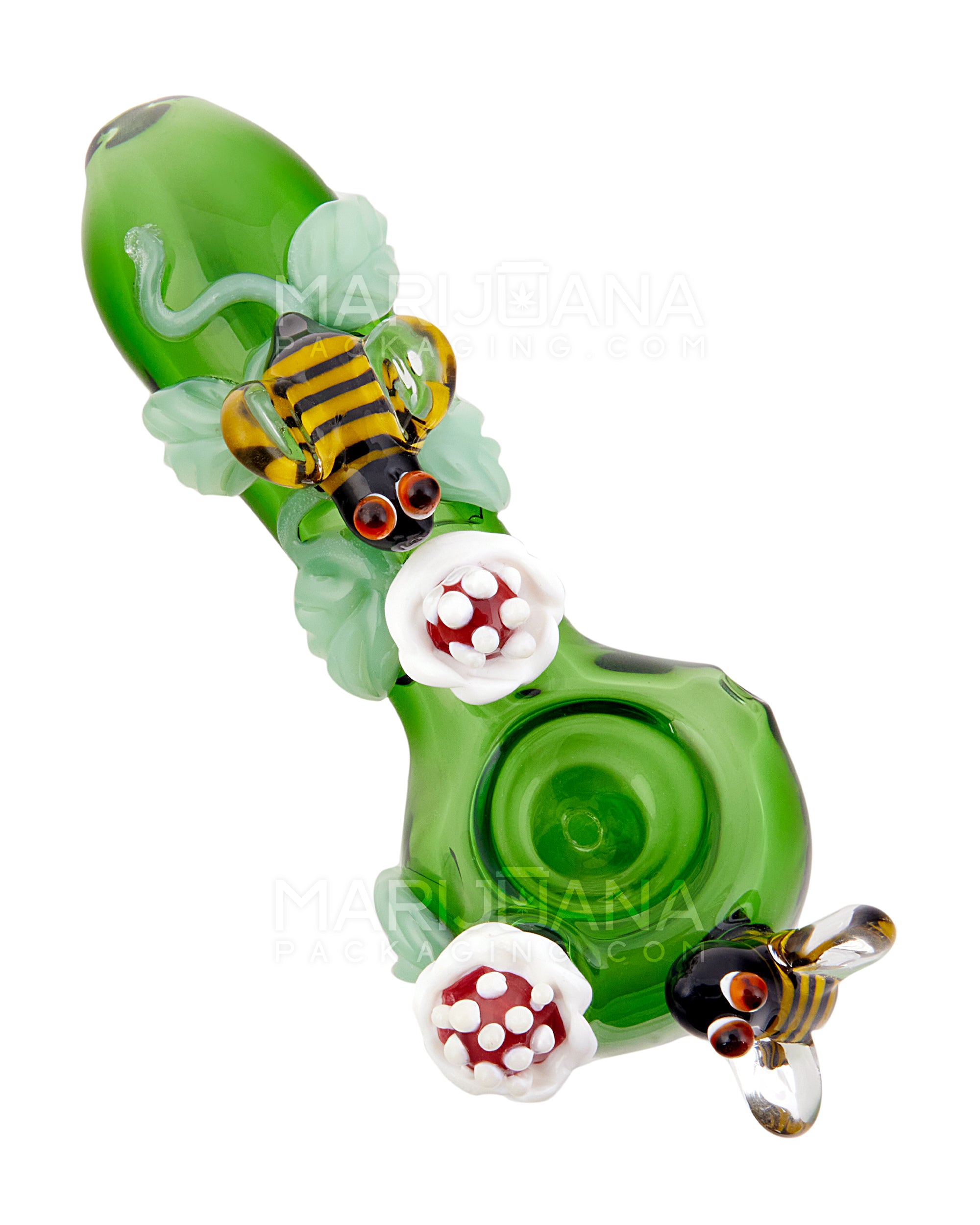 Leaf And Bee Spoon Hand Pipe | 5in Long - Glass - Green