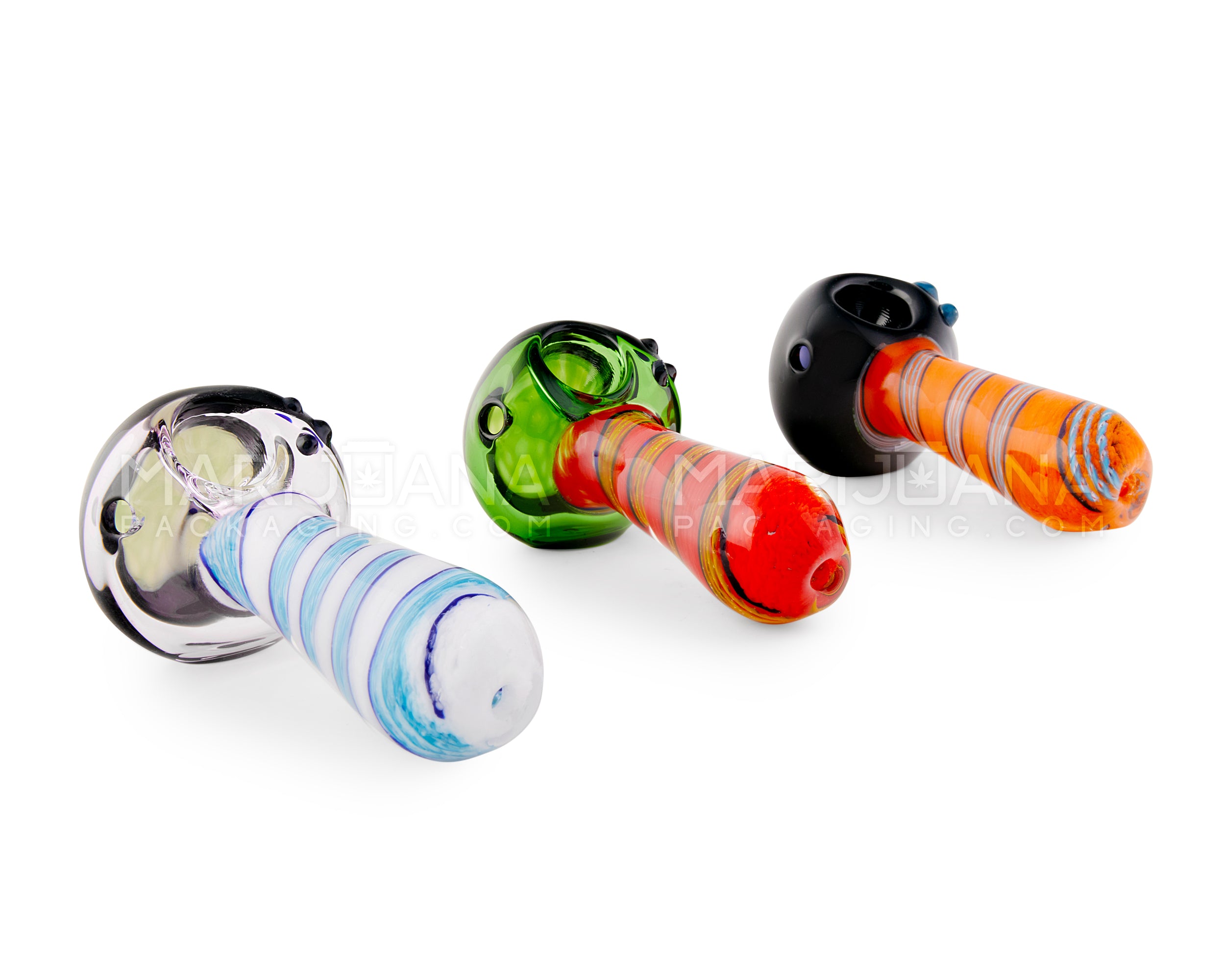 Frit Swirl Honeycomb Bowl Hand Pipe w/ Triple Mini Knockers | 4.25in Long - Glass - Assorted