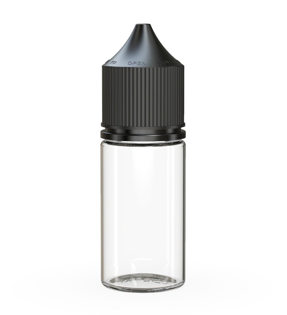 CHUBBY GORILLA Child Resistant Stubby Unicorn PET Dropper Bottles Clear | 30mL - w/ Black Lid | Sample