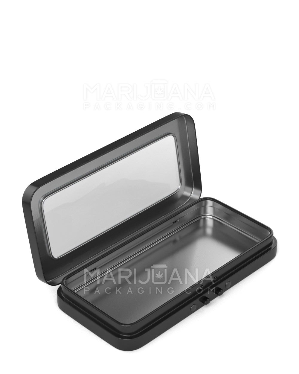 Child Resistant & Sustainable Hinged-Lid Large Vista Food & Pre-Roll Box w/ See-Through Window | 120mm x 58mm - Black Tin | Sample