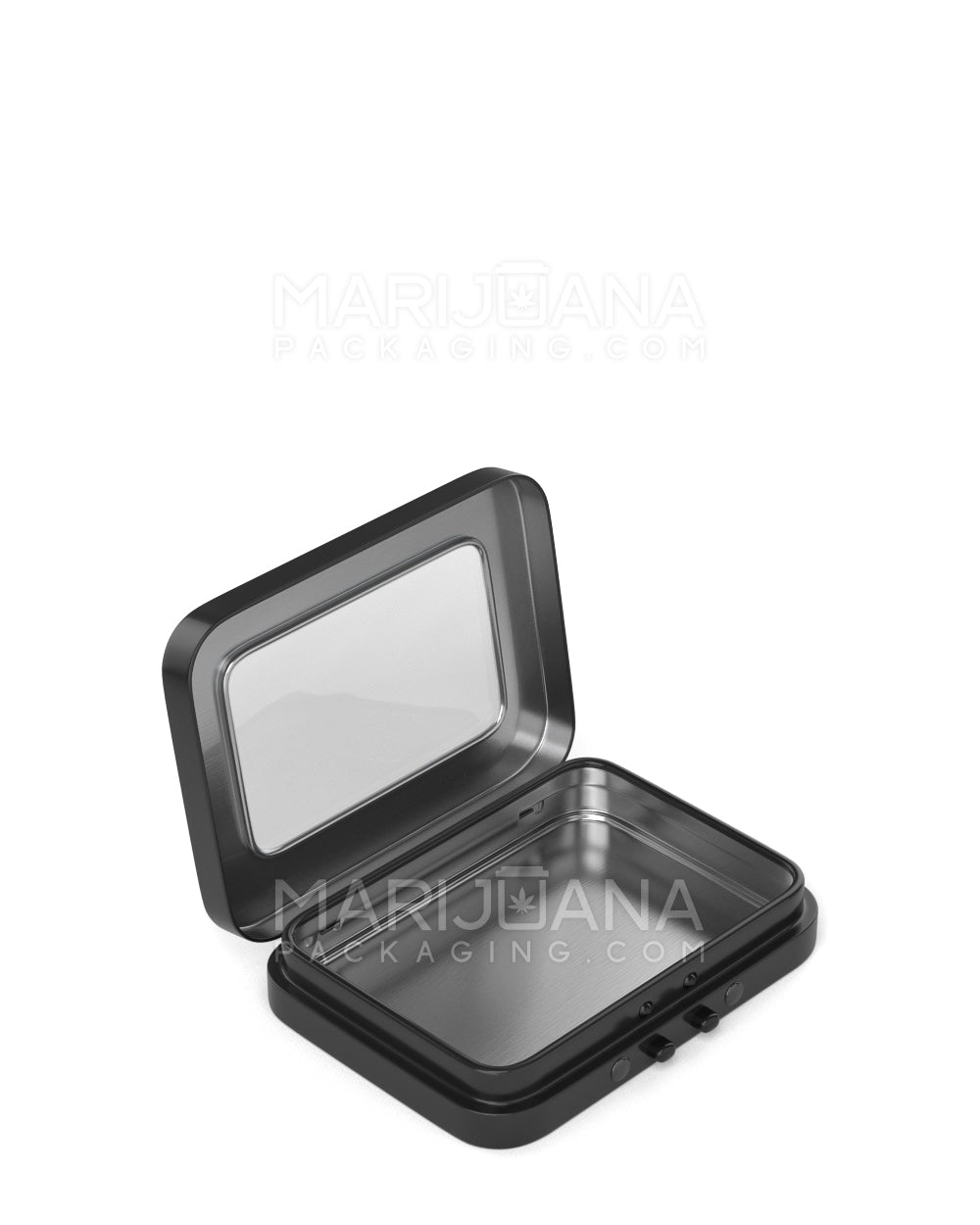 Child Resistant & Sustainable Hinged-Lid Mini Size Vista Food & Pre-Roll Box w/ See-Through Window | 80mm x 58mm - Black Tin | Sample