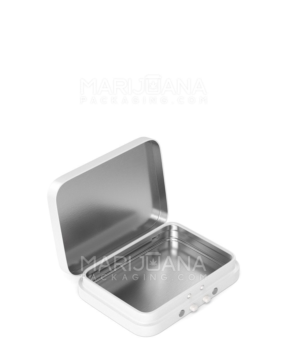 Child Resistant Hinged-Lid Mini Food & Pre-Roll Box | 80mm x 58mm - White Tin | Sample