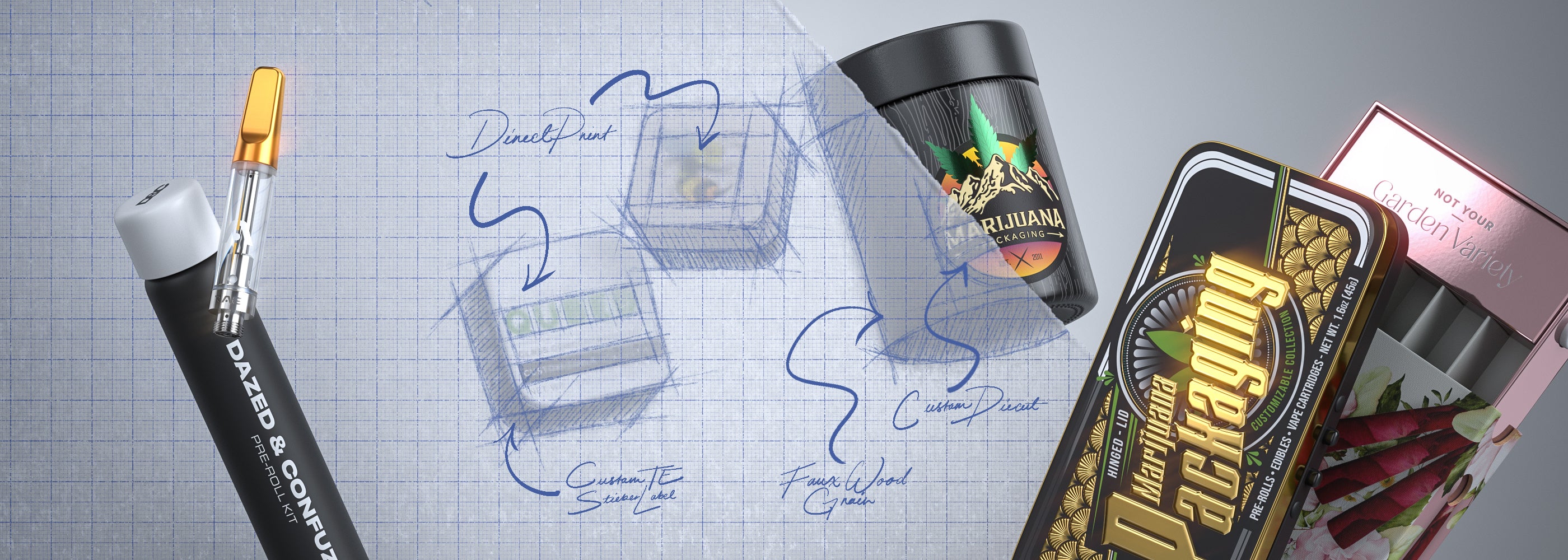Various types of custom branded cannabis packaging with paper sketches